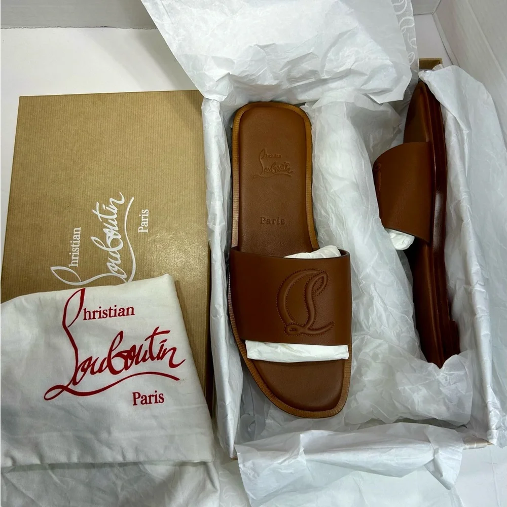 CHRISTIAN LOUBOUTIN CL MULE FLAT SANDAL EMBROIDERED LOGO BROWN LEATHER SZ 39 NEW - Picture 13 of 15